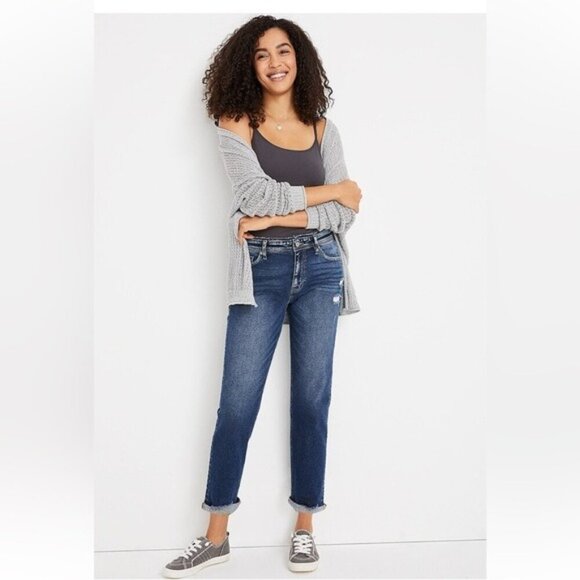 KanCan Women’s 32 High Rise Rolled Hem Boyfriend Jean Blue Stretch Distressed - Picture 1 of 12